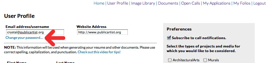 Change Your Password for PublicArtist.org