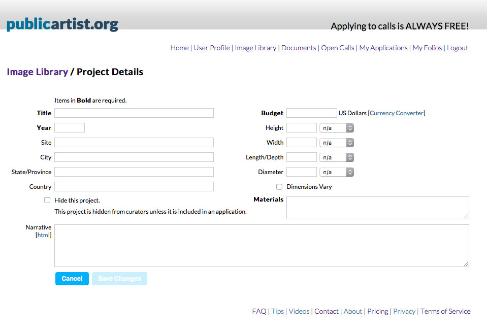 Filling our project information on PublicArtist.org