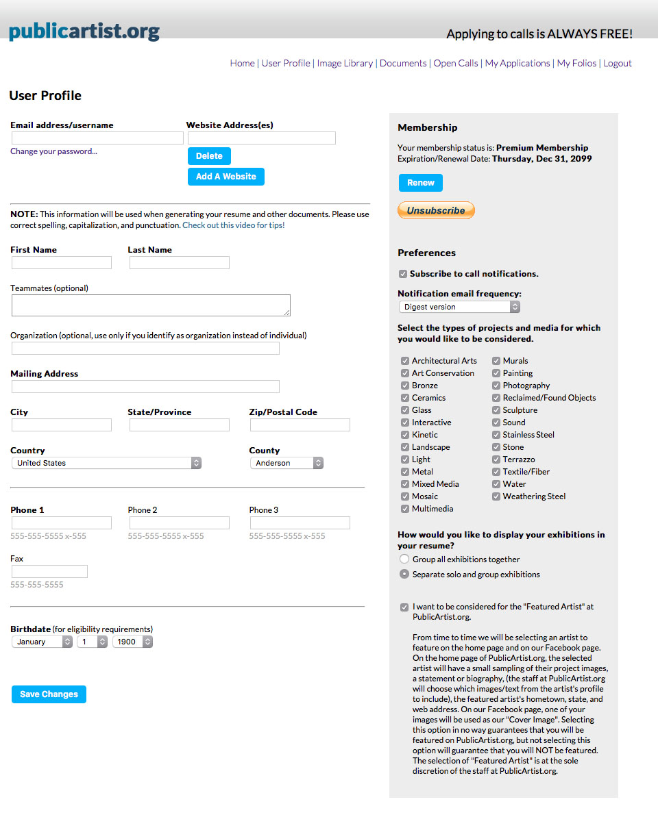PublicArtist.org Artist User Profile