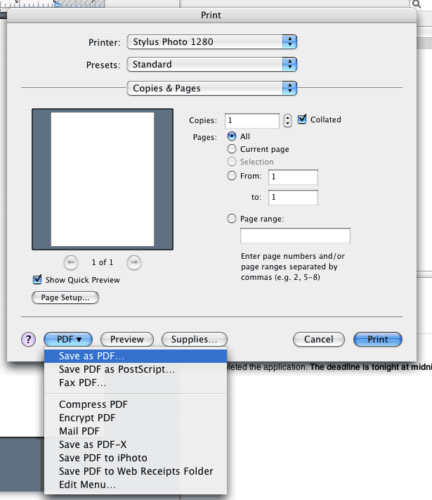 On Macs, in the Print Dialog Box, choose Save as PDF... from the PDF drop down menu in the lower left.